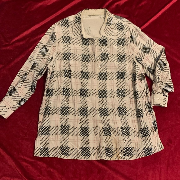 Vintage Cream Button Up Blouse with Red Grid + Black Sequin Pattern Size XL - Picture 1 of 8